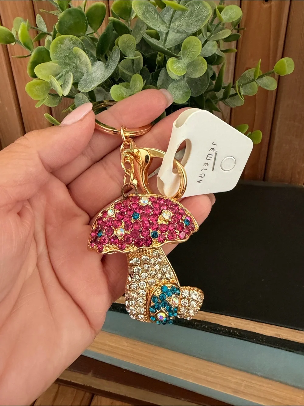 Crystal Mushroom Keychain - Pink & Teal Rhinestones, Purse Charm